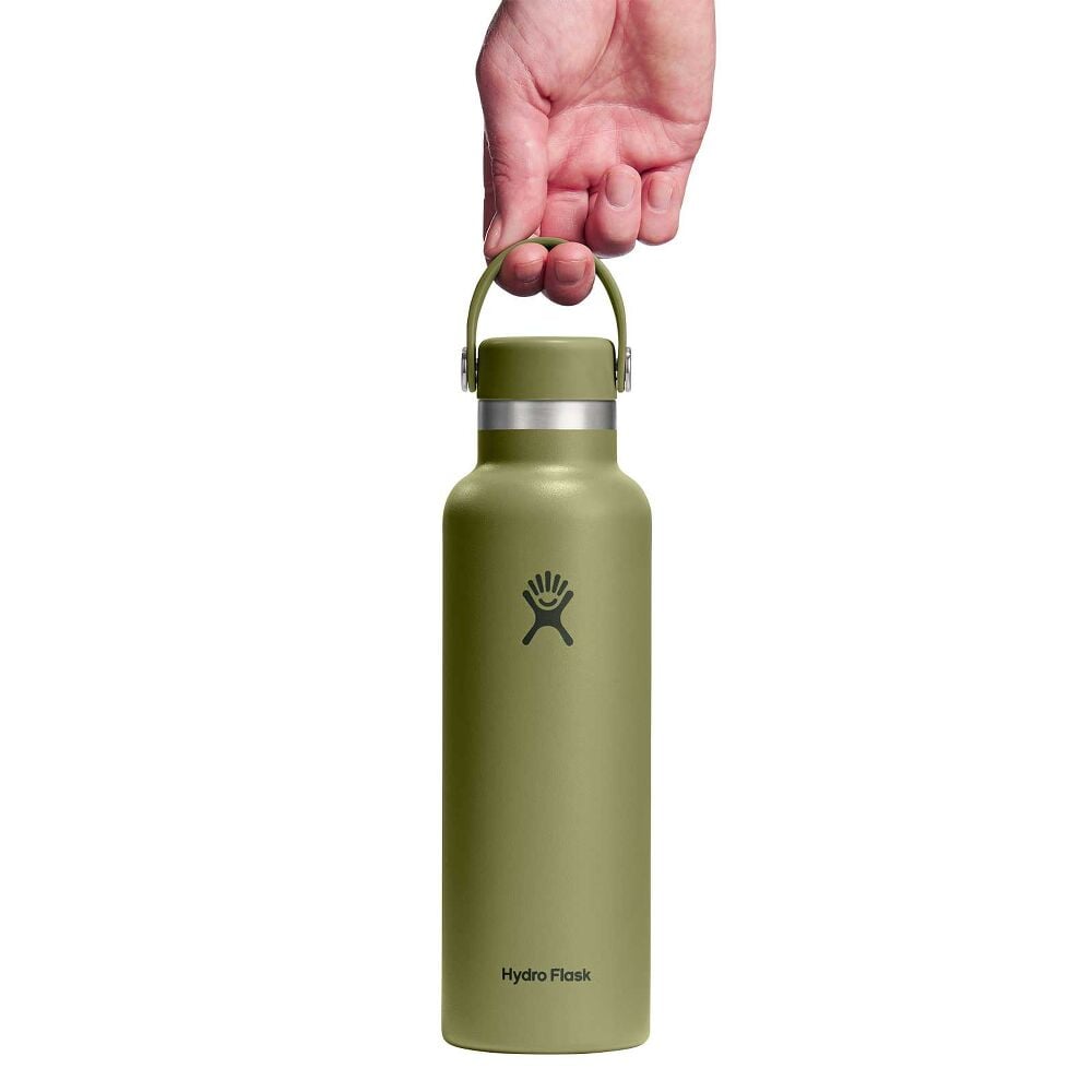 Green Hydro Flask water bottle with matte finish, wide mouth, stainless steel band at neck, matching green flex strap lid with carry handle, and logo on front.